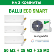 Инверторная мульти сплит-система Ballu BM4OI-FM/out-28HN8_V1/EU/BSYI-FM/in-18HN8_V1/EU/BSYI-FM/in-09HN8_V1/EU/BSYI-FM/in-09HN8_V1/EU на 3 комнаты (50м2 + 25м2 +25м2)